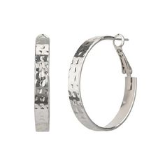 Add the finishing touch to any outfit with these Silver Tone Hammered Hoop Earrings from Time & Tru. These stylish earrings are perfect for any occasion. They can be paired with your favorite daytime outfit and can carry you easily into any night time fun. These earrings feature beautiful Silver Tone Plating, are Hypo-Allergenic for Sensitive Ears and a Classic Everyday Styling. They would make a great addition to any jewelry collection. The Time and True Brand is sold exclusively at Walmart Size: one size.  Gender: female.  Age Group: adult. Rose Gold Hammered Sterling Silver Hoop Earrings, Hammered Sterling Silver Hoop Earrings, Luxury Hammered Sterling Silver Hoop Earrings, Modern Silver Hammered Hoop Earrings, Nickel-free Silver Alloy Hoop Earrings, Stylish Earrings, Hammered Hoop Earrings, Hoop Earring Sets, Hammered Metal