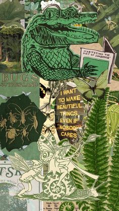 altered collage with green images and words on it's side, including an image of a lizard