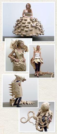 a collage of photos showing different stages of making a costume from cardboard and paper