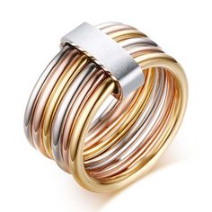 Silver&Gold&Rose Gold 6 In 1 Bands Women's Stainless Steel Party Rings Size 6-9 Plain Bands, Trendy Ring, Girls Gift, Rings For Girls, Charm Rings, Color Ring, Gift Jewelry, Wrap Rings, Stainless Steel Rings