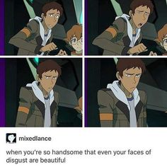 an anime character with four different facial expressions and the caption that says, when you're so handsome that even your faces of disgust are beautiful