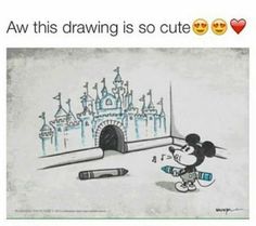 a drawing of mickey mouse in front of a castle with the caption'aw this drawing is so cute '