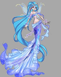 a drawing of a woman with blue hair wearing a long dress and holding a wand