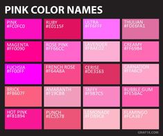 chart of 20 pink shades, tints and hues with names and hex codes. Pink Color Names, Red Color Names, Birth Colors, Pink Names, Color Palette Pink, Color Meanings, Color Number