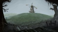 a painting of a windmill on top of a hill