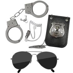 a pair of sunglasses, chain, and handcuffs are all part of the costume set