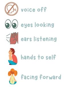 a poster with the words voice off eyes looking ears listening hands to self facing forward