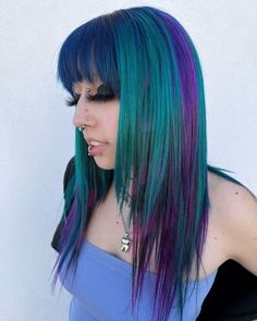 Teal And Purple Split Dye, Purple And Turquoise Hair Highlights, Light Blue Hair With Dark Roots, Blue Hair With Purple Tips, Colorful Blonde Hair, Dark Vivid Hair, Cool Hair Color Combos, Fun Hair Colors For Summer