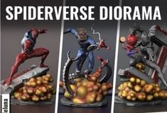 the spider - man figurines are being displayed in three different poses, including apples and