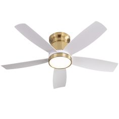 a white ceiling fan with a light on it's blades and a gold finish