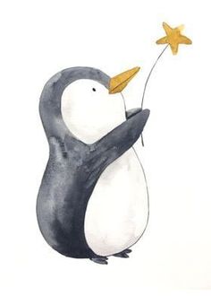 a watercolor painting of a penguin with a star in its beak holding a yellow balloon