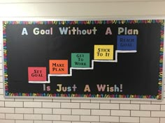 a bulletin board on the wall that says, a goal without a plan is just a wish