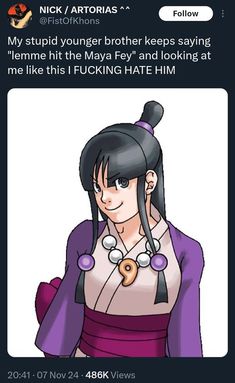 an anime character with long black hair wearing a purple dress