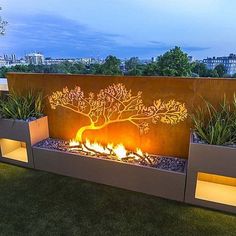 an outdoor fire pit with plants on it