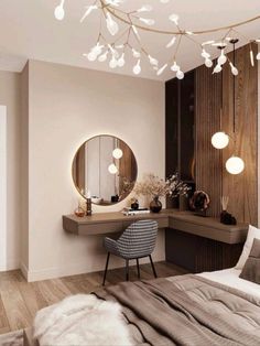 a bedroom with a bed, desk and mirror on the wall next to a chair