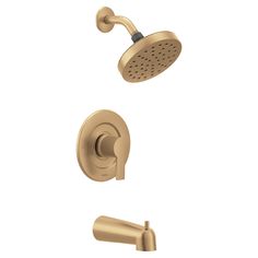 the delta shower faucet is shown in brushed brass