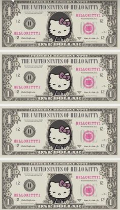 three bills with hello kitty on them