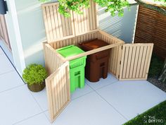 a wooden bench sitting next to a green trash can on top of a white tile floor