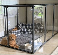 a dog is sitting in its kennel with his food and water bowl on the floor