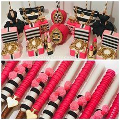 pink and black decorations are on display at a birthday party or baby's first birthday