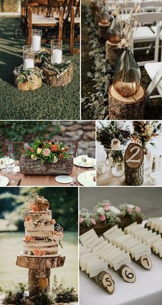 wedding decorations and table settings at a rustic outdoor ceremony