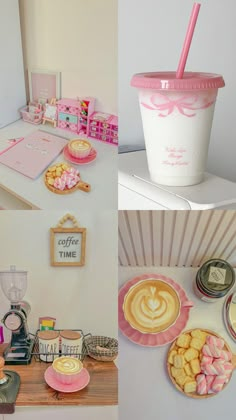 there are pictures of different items on the wall and in the room, including cups