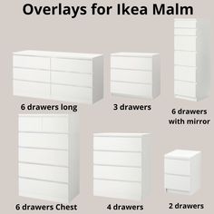 the measurements for ikea malm dressers are shown in four different sizes and colors