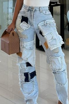 Casual Patchwork Slant Pocket Straight Jeans – DIHAZ Denim Diy Clothes, Metallic Jeans, Jeans Overall, Jeans Look, Straight Cut Jeans, Jeans Cargo, Denim Diy, Patchwork Jeans, Cardigan Sweater Dress