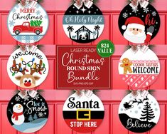 christmas round ornament bundle with santa clause, reindeer, snowman and truck