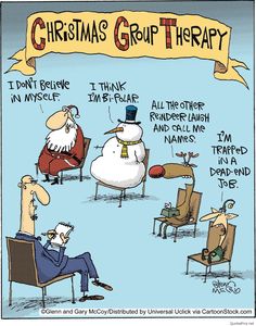 christmas group therapy cartoon with santa claus and snowman sitting in chairs talking to each other