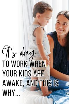 a woman sitting on top of a bed next to a little boy with his arm around her