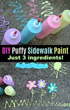 the words diy puffy sidewalk paint just 3 ingredients written in chalk and crayons