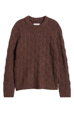 Warm and classic, this woolly cable-stitch sweater is updated with dropped shoulders for a slightly slouchy fit. 26" length (size Medium) Crewneck Long sleeves Ribbed cuffs and hem 65% wool, 30% nylon, 5% alpaca hair Hand wash, dry flat Imported Stitch Sweater, Brown Fits, Cable Stitch, Fabric Gift Bags, Fabric Gifts, Nordstrom Store, Free Fabric, Wool Blend Sweater, Print Gifts