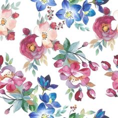 watercolor flowers on white background with blue, pink and green leaves in the center