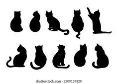 black silhouettes of cats sitting and standing on white background, set of nine images