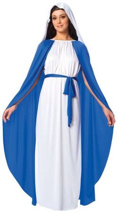 a woman in a blue and white dress is wearing a long cape with a cross on it