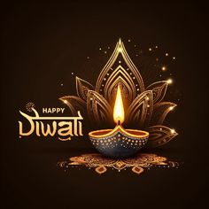 happy diwali greeting card with lit candle on dark background for diwali festival