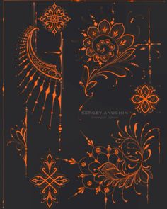 an orange and black background with ornate designs on the bottom half of it, along with other decorative elements