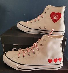 (eBay) Find many great new & used options and get the best deals for NEW AUTHENTIC CONVERSE CHUCK TAYLOR ALL STAR HIGH 'EMBROIDERED HEARTS' US 6.5 at the best online prices at eBay! Free shipping for many products! Converse Makeover, All Star Lugged High Top, High Top Sneaker Outfit, Heart Converse, Clueless Closet, Converse Chuck Taylor All Star Lugged, Chuck Taylor All Star Lugged, Converse Hi, Cute Converse