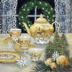 a painting of tea set on a table with christmas decorations