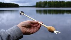 a person is holding a stick with an animal on it near a body of water