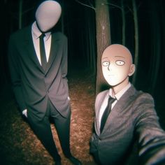 two mannequins dressed in suits and ties stand next to each other near trees