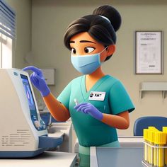 a cartoon nurse in scrubs and gloves is looking at a computer screen with yellow markers on it