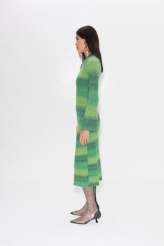 Crew neck long sleeve midi length dress in a custom SIMON MILLER distorted stripe printed ribbed knit. MACHINE WASH COLD, DO NOT BLEACH, TUMBLE DRY NORMAL, IRON LOW HEAT. Mohair Scarf, Grey Midi Dress, Simon Miller, Red Gingham, Maxi Tank Dress, Silk Charmeuse, Long Sleeve Midi, Womens Size Chart, Midi Length Dress