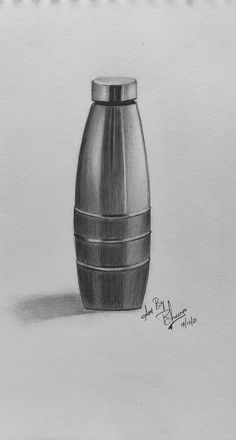 a pencil drawing of a vase sitting on the ground