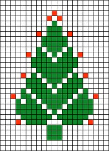 a cross stitch christmas tree with red and green dots on it's bottom half