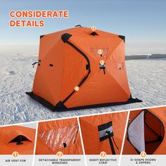 an orange tent sitting on top of snow covered ground with instructions for how to set up it