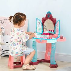 This play vanity table from Qaba has the sounds and lights to make any young child's dreams of being a princess feel like it came true. Their imagination will run wild with the never-ending set of included makeup accessories such as nail polish bottles, lipstick, a bracelet, and rings. Adding this musical, magically-opening vanity playset to your kid's toy collection will boost their confidence, while the mirror miraculously adds tunes to the joy. Color: Blue. Girls Vanity Table, Three Princesses, Kids Vanity Set, Girls Dressing Table, Kids Dressing Table, Princess Mirror, Girls Vanity, Vanity Makeup Table, Magical Princess