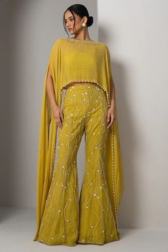 Lehenga Pants, Buttercup Yellow, Yellow Pants, Embroidered Pants, Poncho Pattern, Poncho Tops, Beaded Neckline, Embroidery Floral