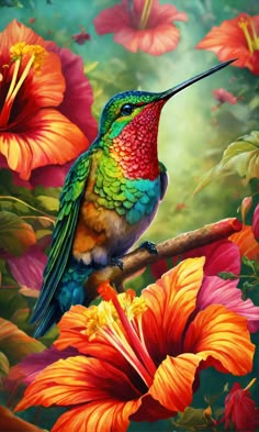 a painting of a colorful hummingbird perched on a branch with flowers in the background